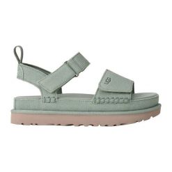 Damskie sandały Ugg Goldenstar 1136783-ART. Zielone sandały UGG, bez wzorów, z materiału, z okrągłym noskiem, bez obcasa, bez zapięcia. Za 395.92 zł.