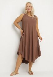 Brązowa Rozkloszowana Sukienka z Bawełną Nairilo. Brązowe sukienki Born2be, na spacer, xl, bez wzorów, z bawełny, eleganckie, bez kołnierzyka, bez ramiączek, midi, rozkloszowane. Za 99.99 zł.