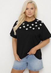 Czarny T-shirt z Bawełny Ozdobiony Cyrkoniami i Haftami Firarette. Czarne t-shirty Born2be, l, bez wzorów, z bawełny, klasyczne, bez kołnierzyka, bez ramiączek. W wyprzedaży za 46.74 zł.