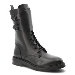 Botki damskie Nessi o sznurowanym fasonie z wysoką cholewką ozdobnymi paskami z klamrami i masywną podeszwą czarne, 26ZB108 Black. Czarne botki Nessi, bez wzorów, z jeansu, eleganckie, przed kolano, bez obcasa, na obcasie, bez zapięcia. Za 455.20 zł.