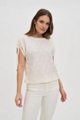 Ażurowa bluzka ecru. Bluzki MOODO, l, w ażurowe wzory, z elastanu, bez kołnierzyka, bez ramiączek. Za 79.99 zł.