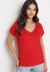 Czerwony Bawełniany T-shirt z Trójkątnym Dekoltem Linarosea. Czerwone t-shirty Born2be, m, bez wzorów, z bawełny, bez kołnierzyka, bez ramiączek. W wyprzedaży za 38.24 zł.