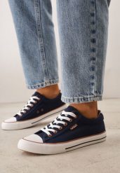 Granatowe Klasyczne Trampki do Kostki z Lamówką przy Podeszwie Kasiope. Niebieskie trampki Born2be, bez wzorów, z jeansu, klasyczne, bez zapięcia. Za 59.99 zł.