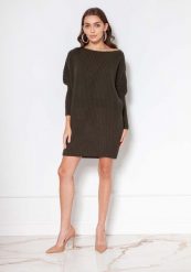 Swetrowa Tunika z Dekoltem w Łódkę - Khaki. Brązowe tuniki Lanti, l, bez wzorów, z materiału, bez kołnierzyka, bez ramiączek. Za 209.90 zł.