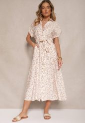 Jasnobeżowa Koszulowa Sukienka z Bawełny w Kwiatowy Print z Wiązanym Paskiem Amoisse. Brązowe sukienki Renee, na co dzień, l, bez wzorów, z bawełny, eleganckie, bez kołnierzyka, bez ramiączek, midi, koszulowe. W wyprzedaży za 99.99 zł.