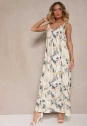 Beżowo-Niebieska Rozkloszowana Sukienka na Ramiączkach z Wiskozą w Kwiatowy Wzór Jenariona. Niebieskie sukienki Renee, na co dzień, l, z aplikacjami, z wiskozy, eleganckie, bez kołnierzyka, bez ramiączek, maxi, rozkloszowane. W wyprzedaży za 91.99 zł.