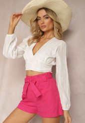 Fuksjowe Szorty High Waist Wiązane w Pasie Gilalilena. Czerwone szorty Renee, bez wzorów, z materiału, eleganckie. W wyprzedaży za 39.99 zł.