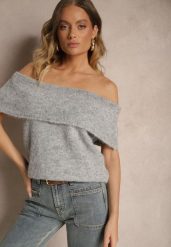 Jasnoszary Sweter Top z Hiszpańskim Wywijanym Dekoltem z Wełną Inarose. Szare swetry Renee, m, bez wzorów, z wełny, casualowe, bez ramiączek. W wyprzedaży za 83.99 zł.