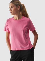 4F T-shirt regular gładki damski - różowy S. Czerwone t-shirty 4f, s, bez wzorów, z bawełny, klasyczne, bez kołnierzyka, bez ramiączek. W wyprzedaży za 29.99 zł.