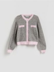 Kardigan z kontrastową lamówką - wielobarwny. Swetry Reserved, l, bez wzorów, z dzianiny, bez ramiączek. Za 129.99 zł.