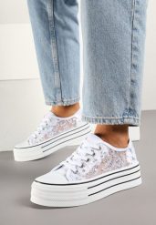 Białe Siateczkowe Trampki Vices na Platformie Zdobione Cekinami Telandria. Białe trampki Born2be, z aplikacjami, z jeansu, eleganckie, bez zapięcia. W wyprzedaży za 67.99 zł.