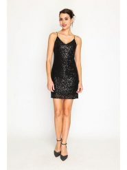 ASSUILI Sukienka w kolorze czarnym rozmiar: 36. Czarne sukienki Assuili, bez wzorów, klasyczne, bez kołnierzyka, bez ramiączek, mini. Za 127.35 zł.