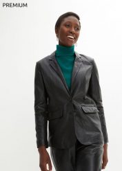 Żakiet ze skóry jagnięcej nappa. Czarne marynarki i żakiety bonprix, bez wzorów, ze skóry, bez ramiączek. Za 629.99 zł.