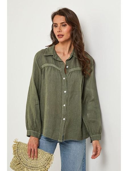 Lin Passion Lniana koszula w kolorze khaki rozmiar: 36/38. Brązowe koszule Lin Passion, z aplikacjami, ze lnu, klasyczne, bez kołnierzyka, bez ramiączek. Za 176.08 zł.