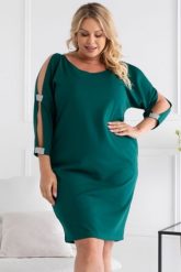 Sukienka na wesele plus size MARTINA kryształki na rękawkach butelkowa zieleń. Zielone sukienki KARKO, na co dzień, plus size, bez wzorów, z elastanu, eleganckie, bez kołnierzyka, plus size, bez ramiączek, maxi, dla puszystych. Za 89.50 zł.