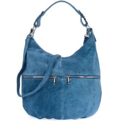 Shopperka skórzana VERA PELLA K51 niebieska. Niebieskie torebki klasyczne bez wzorów, z materiału, na ramię, zamszowe, bez dodatków. Za 181.40 zł.