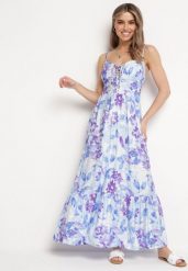 Niebieska Sukienka z Wiskozy i Bawełny Rozkloszowana w Kwiatowy Print z Ozdobnym Wiązaniem Wiama. Niebieskie sukienki Born2be, na co dzień, l, bez wzorów, z bawełny, eleganckie, bez kołnierzyka, bez ramiączek, maxi, rozkloszowane. Za 129.99 zł.