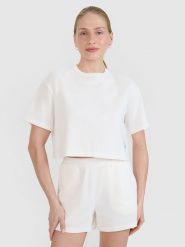 4F T-shirt crop top z waflowej dzianiny damski - biały XL. Białe t-shirty 4f, xl, bez wzorów, z bawełny, sportowe, bez kołnierzyka, bez ramiączek. Za 69.99 zł.