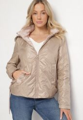 Ciemnobeżowa Kurtka Pikowana z Odpinanym Kapturem i Ściągaczami po Bokach Nusarianis. Brązowe kurtki Born2be, l, bez wzorów, z jeansu, eleganckie. Za 149.99 zł.