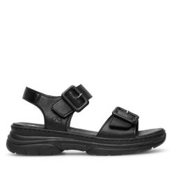Sandały Rieker. Czarne sandały Rieker, bez wzorów, bez obcasa, na płaskiej podeszwie, bez zapięcia. Za 299.99 zł.