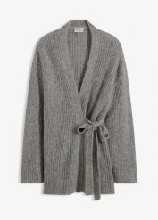 Kopertowy kardigan oversize. Szare swetry bonprix, bez wzorów, bez ramiączek. Za 189.99 zł.