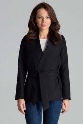 Czarny Stylowy Żakiet bez Zapięcia z Wiązanym Paskiem. Czarne marynarki i żakiety Katrus, s, bez wzorów, z materiału, eleganckie, bez ramiączek. Za 279.00 zł.
