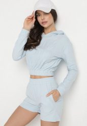 Jasnoniebieski Bawełniany Komplet Sportowy Bluza z Kapturem i Szorty Izilia. Niebieskie bluzy z kapturem Born2be, bez wzorów, z bawełny. W wyprzedaży za 93.49 zł.