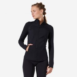 Bluza na zamek damska Domyos fitness 900 training. Czarne bluzy z kapturem DOMYOS, l, bez wzorów, z materiału, bez kaptura, na fitness i siłownię. Za 169.99 zł.