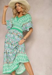 Zielona Wiskozowa Sukienka Boho z Gumką w Pasie i Trójkątnym Dekoltem Casalina. Zielone sukienki Renee, na co dzień, l, bez wzorów, z wiskozy, boho, bez kołnierzyka, bez ramiączek, maxi. W wyprzedaży za 83.99 zł.
