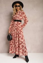 Różowa Rozkloszowana Sukienka Koszulowa Maxi w Kwiaty Nersa. Czerwone sukienki Renee, l, bez wzorów, bez kołnierzyka, bez ramiączek, maxi, koszulowe. W wyprzedaży za 119.99 zł.