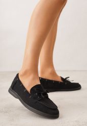 Czarne Mokasyny ze Sznurkiem i Kokardą Samiphia. Czarne mokasyny Renee, bez wzorów, z jeansu. Za 89.99 zł.