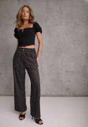 Czarne Spodnie Casual Wide Leg High Waist Zdobione Wzorem w Kropki Oceasa. Czarne jeansy Renee, l, z aplikacjami, z jeansu, casualowe, z podwyższonym stanem, krótkie. Za 59.99 zł.