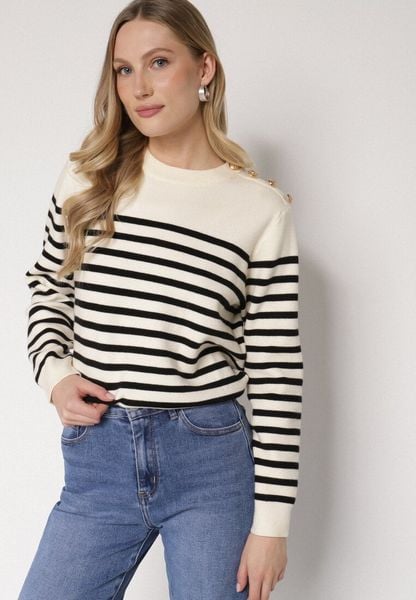 Czarno-Kremowy Sweter z Wiskozą w Paski z Guzikami Lillenia. Czarne swetry Born2be, uniwersalny, bez wzorów, z jeansu, eleganckie, bez ramiączek. Za 109.99 zł.