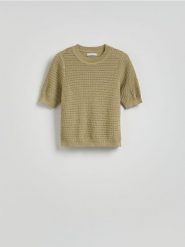 Sweter z krótkim rękawem - oliwkowy. Zielone swetry Reserved, l, bez wzorów, z bawełny, bez ramiączek. Za 89.99 zł.