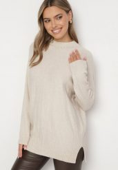 Jasnobeżowy Sweter z Półgolfem z Prążkowanej Dzianiny z Wycięciami po Bokach Rerivra. Brązowe swetry Born2be, uniwersalny, bez wzorów, z dzianiny, eleganckie, bez ramiączek. W wyprzedaży za 76.49 zł.