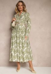 Zielona Wiskozowa Sukienka w Ornamentalny Wzór o Rozkloszowanym Kroju Gonalia. Zielone sukienki Renee, na co dzień, m, bez wzorów, z wiskozy, eleganckie, bez kołnierzyka, bez ramiączek, maxi, oversize. W wyprzedaży za 99.99 zł.