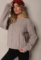 Szary Sweter z Wełną Ozdobnym Splotem i Ściągaczem Nariae. Szare swetry Renee, uniwersalny, bez wzorów, z jeansu, casualowe, bez ramiączek. Za 54.99 zł.