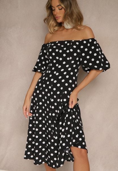 Czarna Sukienka Hiszpanka Vices w Kropki o Rozkloszowanym Kroju Zilua. Czarne sukienki Renee, na spotkanie biznesowe, l, bez wzorów, z materiału, retro, bez kołnierzyka, bez ramiączek, midi, rozkloszowane. Za 129.99 zł.
