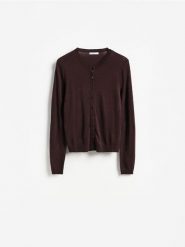 Kardigan z wełną - brązowy. Brązowe swetry Reserved, l, bez wzorów, z wełny, bez ramiączek. Za 129.99 zł.