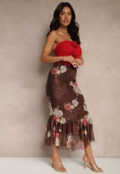 Brązowa Dopasowana Spódnica z Ozdobną Falbaną Efravaria. Brązowe spódnice Renee, na co dzień, m, bez wzorów, eleganckie, midi, dopasowane. W wyprzedaży za 75.99 zł.