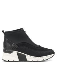 Rieker Botki N6352-00 Czarny. Czarne botki Rieker, bez wzorów, z materiału, bez obcasa, na koturnie, bez zapięcia. Za 229.99 zł.