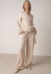 Beżowe Wiskozowe Spodnie z Szeroką Nogawką i Wiązaniem w Talii Terisanna. Brązowe jeansy Born2be, l, bez wzorów, z jeansu, eleganckie. Za 119.99 zł.