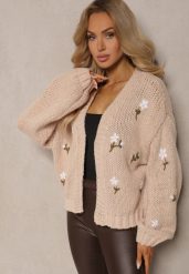 Brązowy Kardigan w Kwiatowe Aplikacje z Zapięciem na Elegancką Agrafkę Patista. Brązowe swetry Renee, z aplikacjami, z bawełny, biznesowe, bez ramiączek. W wyprzedaży za 143.99 zł.
