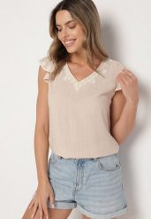Beżowa Bawełniana Bluzka z Haftowanym Wzorem Saviolae. Brązowe bluzki Born2be, m, bez wzorów, z bawełny, eleganckie, bez kołnierzyka, bez ramiączek. W wyprzedaży za 72.24 zł.