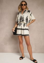 Beżowo-Czarny Komplet z Rustykalnym Wzorem z Szortami i Koszulą Tosnea. Brązowe koszule Renee, l, bez wzorów, z materiału, boho, bez kołnierzyka, bez ramiączek. Za 119.99 zł.