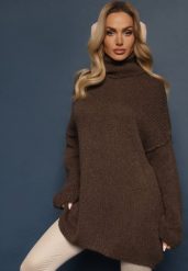 Brązowy Golf o Kroju Oversize z Wełną i Moherem Temirali. Brązowe swetry Renee, bez wzorów, z jeansu, eleganckie, bez ramiączek. W wyprzedaży za 159.99 zł.