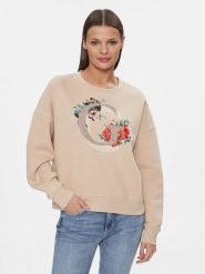 Guess Bluza W4RQ11 K9Z21 Beżowy Regular Fit. Brązowe bluzy Guess, s, z aplikacjami, z bawełny, bez kaptura. Za 529.99 zł.