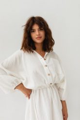 Sukienka typu kimono z muślinu w kolorze ecru - SAVANNAH ECRU-M/L. Brązowe sukienki Marsala, na co dzień, l, bez wzorów, z bawełny, bez kołnierzyka, bez ramiączek, dopasowane. Za 279.90 zł.