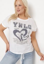 Biała Bawełniana Bluzka ze Ściągaczem na Dole z Napisami i Cyrkoniami Tesaria. Białe bluzki Born2be, xl, z aplikacjami, z bawełny, eleganckie, bez kołnierzyka, bez ramiączek. Za 79.99 zł.