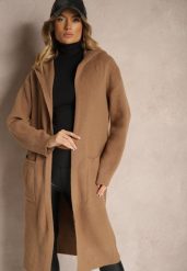 Brązowy Długi Kardigan Niezapinany z Bawełną Wełną Kapturem i Wsuwanymi Kieszeniami Zozira. Brązowe swetry Renee, uniwersalny, bez wzorów, z bawełny, eleganckie, bez ramiączek. W wyprzedaży za 87.99 zł.